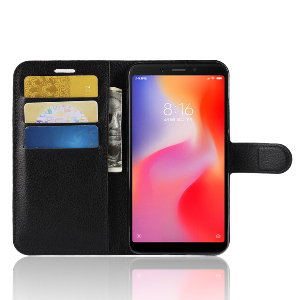 Litchi Haut Brieftasche Lederstand Hülle Für Xiaomi Redmi 6 (doppelkamera: 12 Mp+5mp) - Schwarz