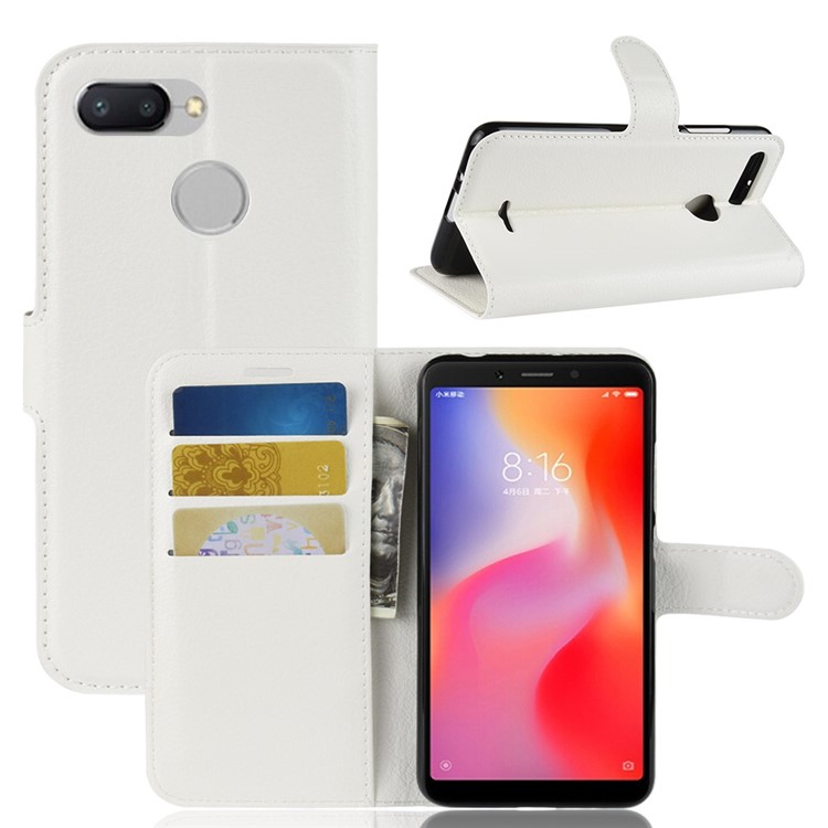 Litchi Skin Wallet Leather Stand Cover for Xiaomi Redmi 6 (Dual Camera: 12MP+5MP) - White-1