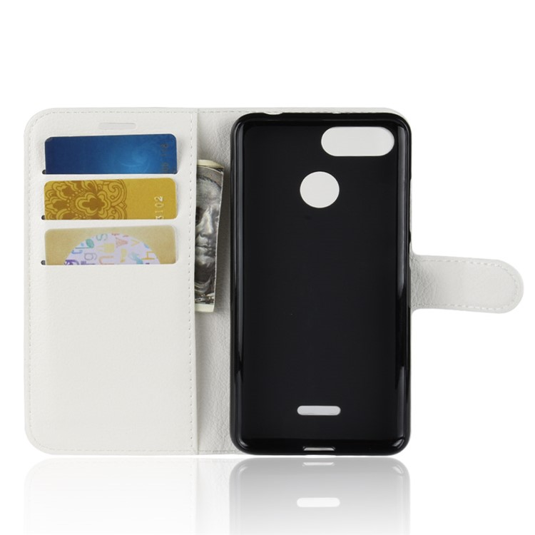 Litchi Skin Wallet Leather Stand Cover for Xiaomi Redmi 6 (Dual Camera: 12MP+5MP) - White-3