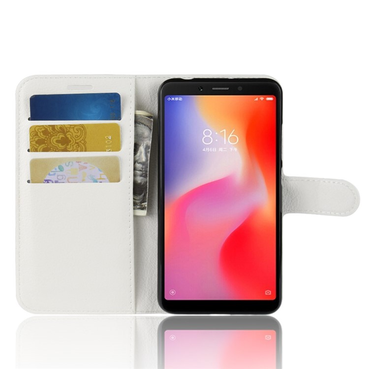 Litchi Skin Wallet Leather Stand Cover for Xiaomi Redmi 6 (Dual Camera: 12MP+5MP) - White-4