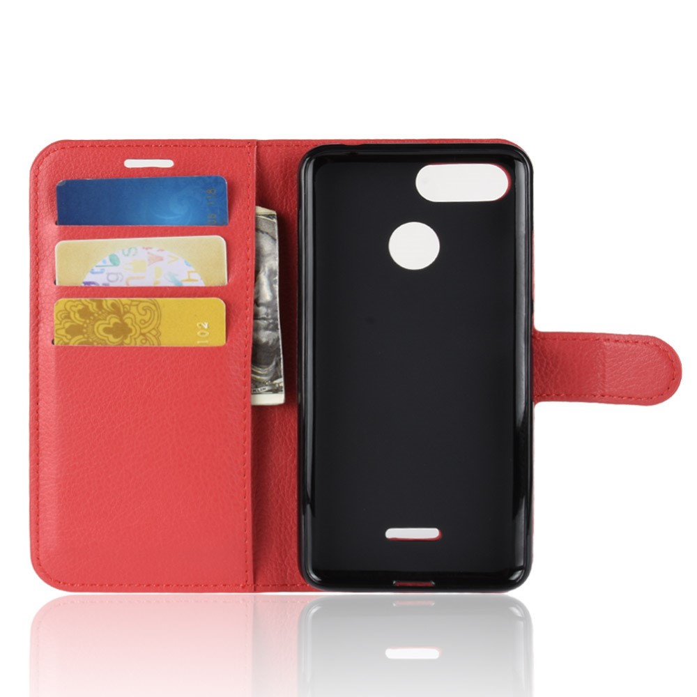 Litchi Skin Wallet Leather Stand Shell for Xiaomi Redmi 6 (Dual Camera: 12MP+5MP) - Red-3