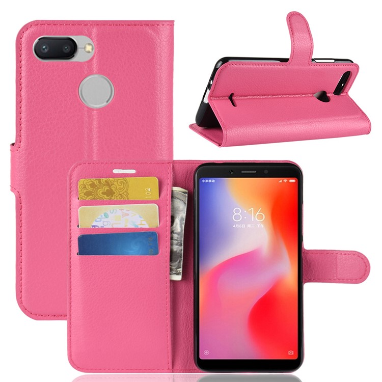 Litchi Skin Wallet Leather Stand Phone Case for Xiaomi Redmi 6 (Dual Camera: 12MP+5MP) - Rose-1