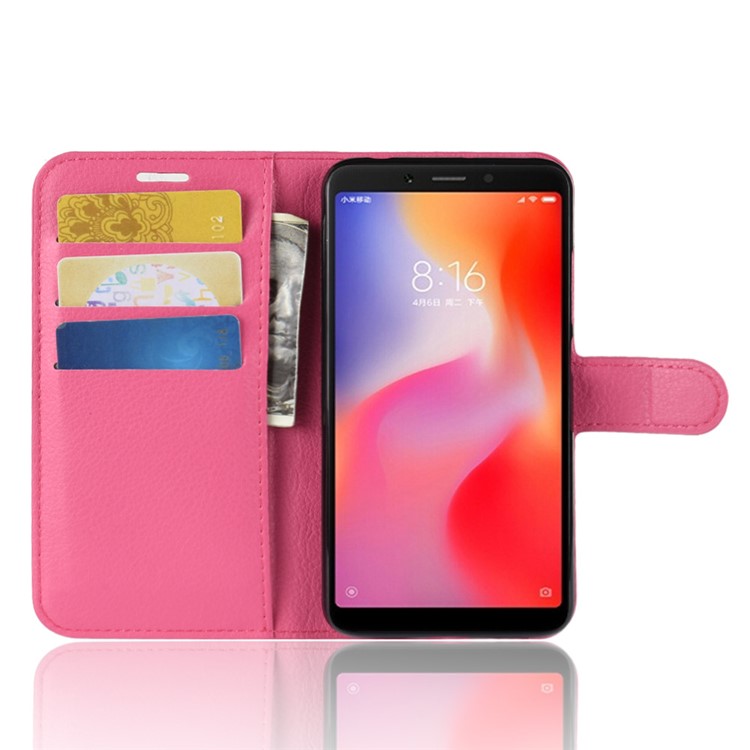 Litchi Skin Wallet Leather Stand Phone Case for Xiaomi Redmi 6 (Dual Camera: 12MP+5MP) - Rose-4