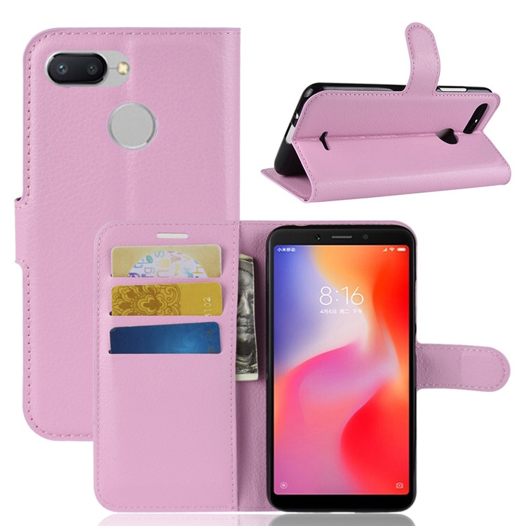Litchi Skin Leather Stand Case with Card Slots for Xiaomi Redmi 6 (Dual Camera: 12MP+5MP) - Pink-1
