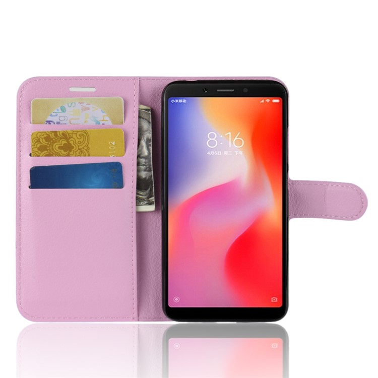 Litchi Skin Leather Stand Case with Card Slots for Xiaomi Redmi 6 (Dual Camera: 12MP+5MP) - Pink-4