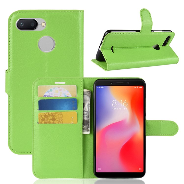 Litchi Skin Leather Stand Cover with Card Slots for Xiaomi Redmi 6 (Dual Camera: 12MP+5MP) - Green-1