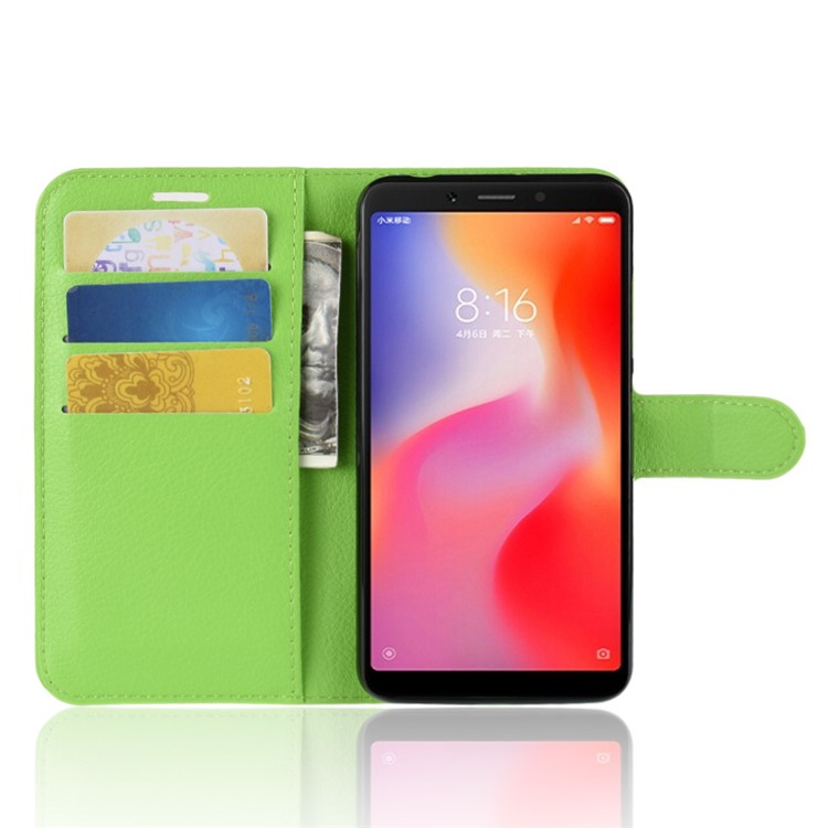 Litchi Skin Leather Stand Cover with Card Slots for Xiaomi Redmi 6 (Dual Camera: 12MP+5MP) - Green-4