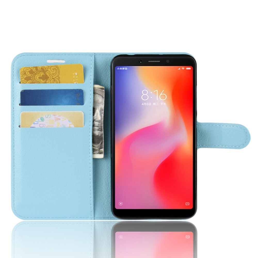 Litchi Skin Wallet Кожаный Чехол Для Мобильного Телефона Для Xiaomi Redmi 6 (двойная Камера: 12MP+5MP) - Нежно Голубые-4