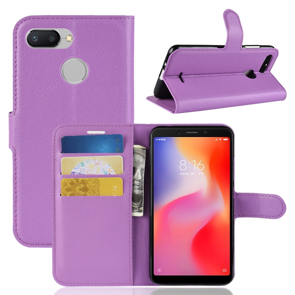 Litchi Skin Wallet Leather Case with Stand for Xiaomi Redmi 6 (Dual Camera: 12MP+5MP) - Purple-1