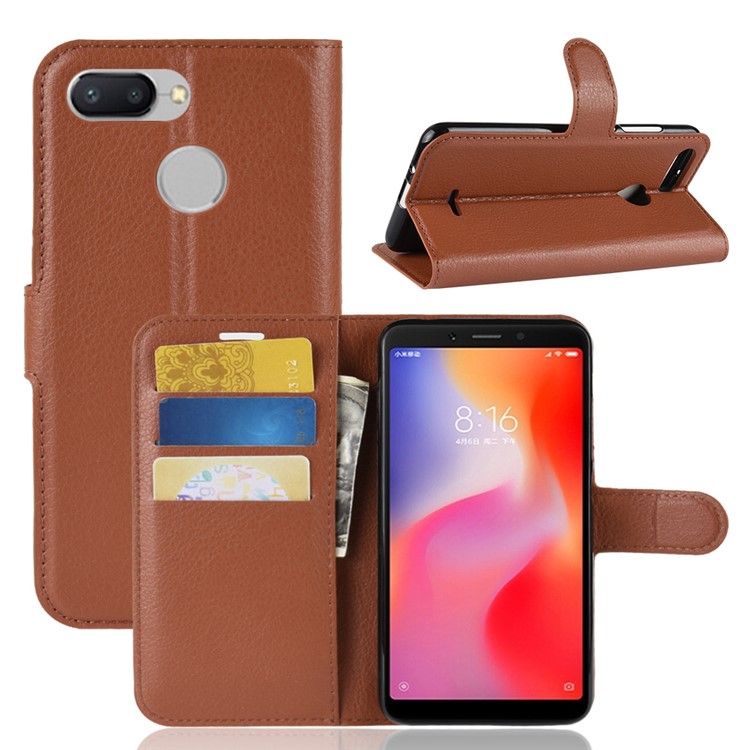 Litchi Skin Wallet Leather Cover with Stand for Xiaomi Redmi 6 (Dual Camera: 12MP+5MP) - Brown-1