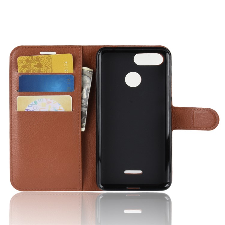 Litchi Skin Wallet Leather Cover with Stand for Xiaomi Redmi 6 (Dual Camera: 12MP+5MP) - Brown-3