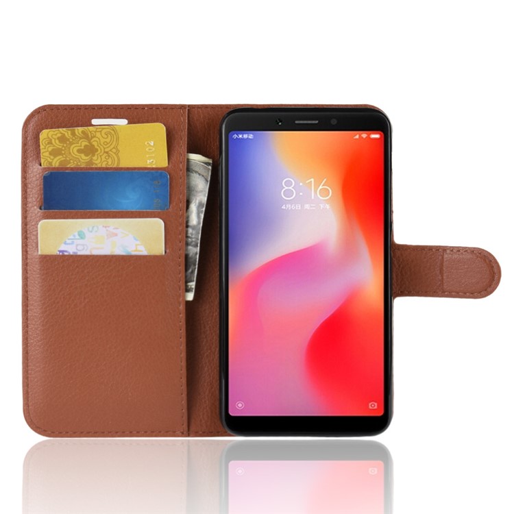 Litchi Skin Wallet Leather Cover with Stand for Xiaomi Redmi 6 (Dual Camera: 12MP+5MP) - Brown-4