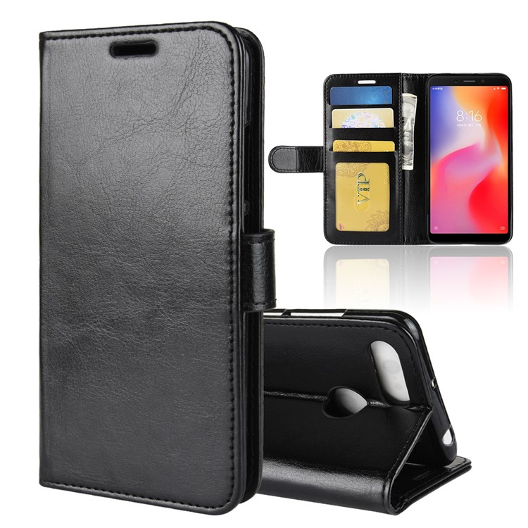 Crazy Horse Wallet Stand de Cuero Para Xiaomi Redmi 6 (cámara Dual: 12MP+5MP) - Negro