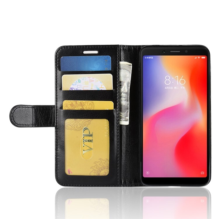 Crazy Horse Wallet en Cuir Case de Support Pour Xiaomi Redmi 6 (double Caméra: 12mp + 5mp) - le Noir