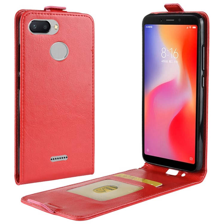 Crazy Horse Vertical Flip Leather Phone Cover Case with Card Holder for Xiaomi Redmi 6 (Dual Camera: 12MP+5MP) - Red-1