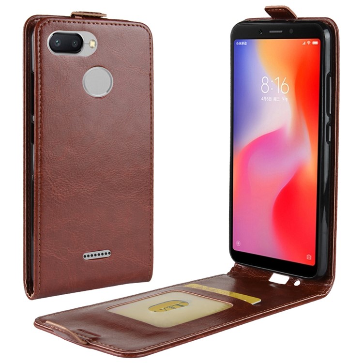 Crazy Horse Vertical Flip Leather Phone Protection Casing with Card Holder for Xiaomi Redmi 6 (Dual Camera: 12MP+5MP) - Brown-1