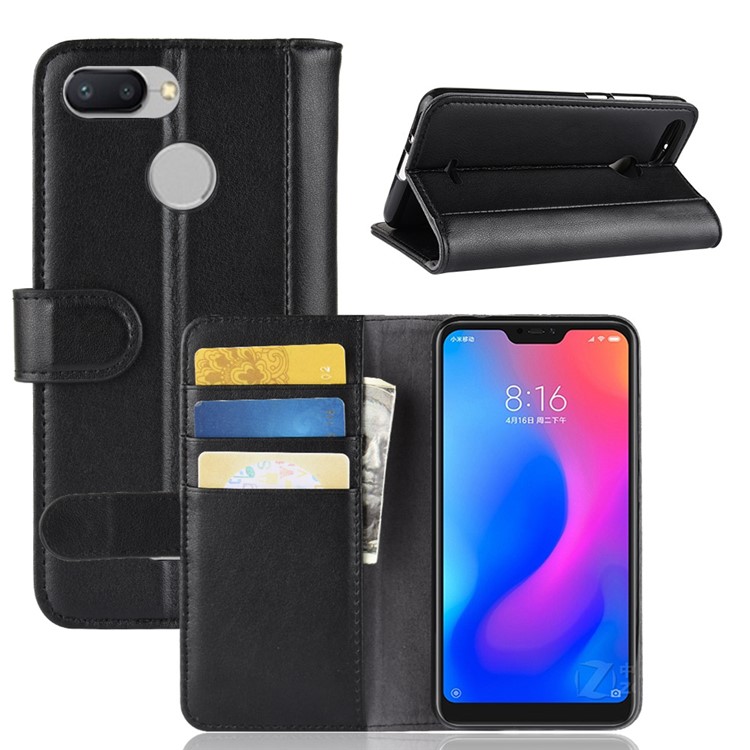 Estojo De Carteira De Couro Rachado Genuíno Caso Móvel De Proteção Para Xiaomi Redmi 6 (câmera Dupla: 12MP + 5MP) - Preto-1