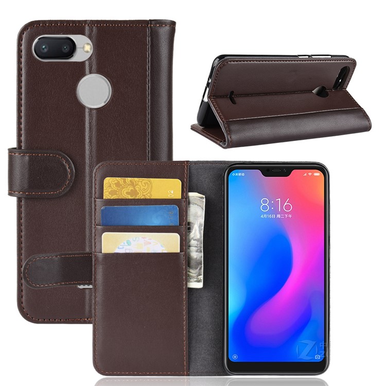 Genuine Split Leather Wallet Stand Flip Cover for Xiaomi Redmi 6 (Dual Camera: 12MP+5MP) - Brown-1