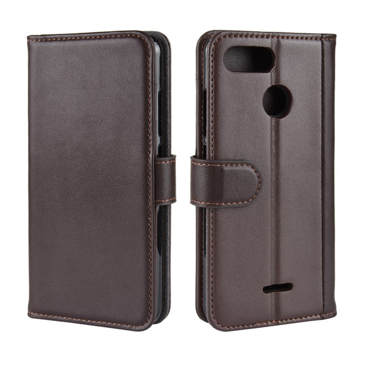 Genuine Split Leather Wallet Stand Flip Cover for Xiaomi Redmi 6 (Dual Camera: 12MP+5MP) - Brown-2