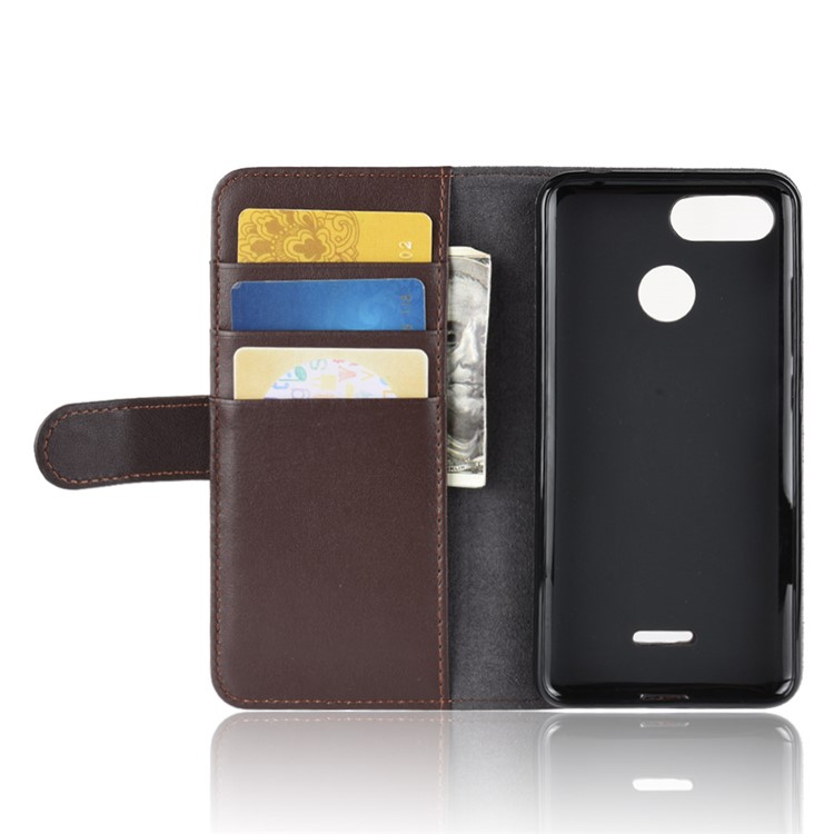 Genuine Split Leather Wallet Stand Flip Cover for Xiaomi Redmi 6 (Dual Camera: 12MP+5MP) - Brown-5