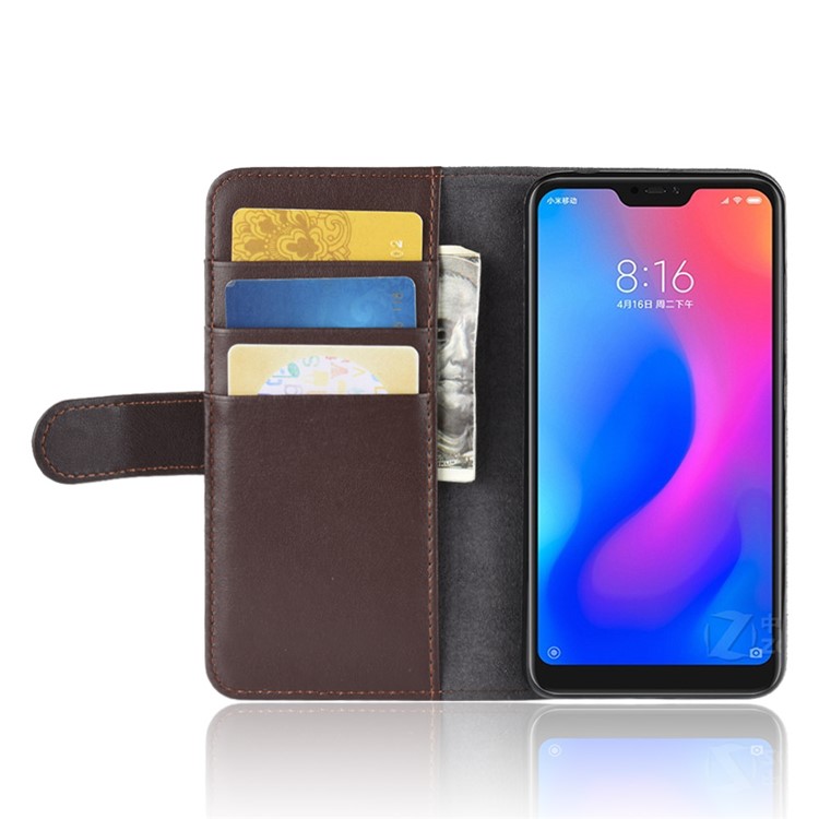 Genuine Split Leather Wallet Stand Flip Cover for Xiaomi Redmi 6 (Dual Camera: 12MP+5MP) - Brown-6