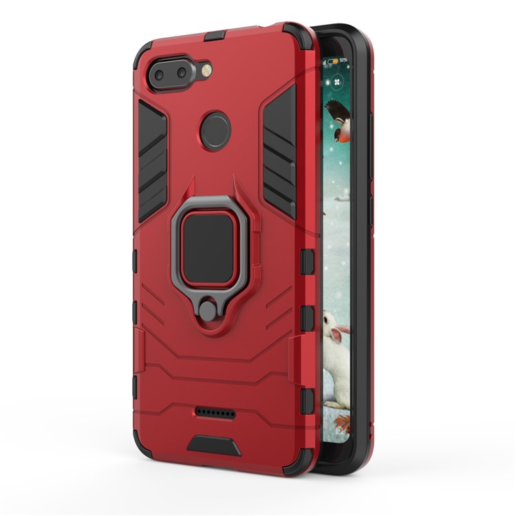 Finger Ring Kickstand PC + TPU Hybrid Cell Phone Cover for Xiaomi Redmi 6 (Dual Camera: 12MP+5MP) - Red-2