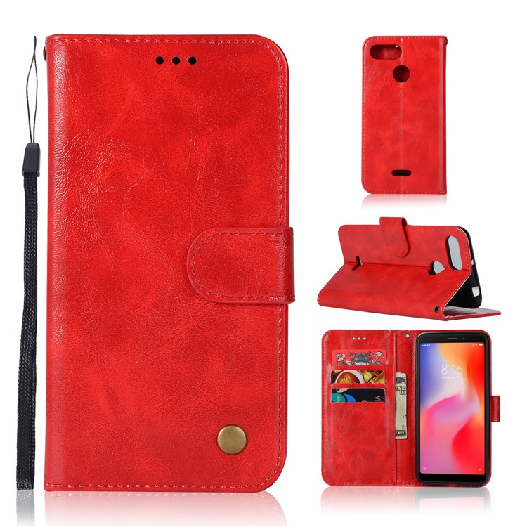 Retro Style Wallet PU Leather Flip Stand Shell for Xiaomi Redmi 6 - Red-1