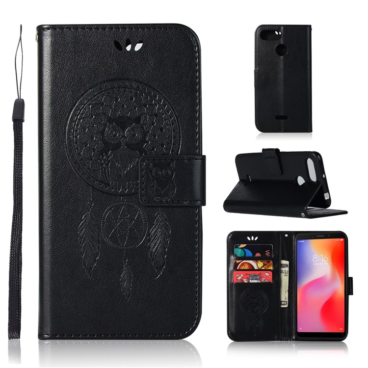 For Xiaomi Redmi 6 Imprint Owl Dream Catcher Wallet Stand Leather Case - Black-1