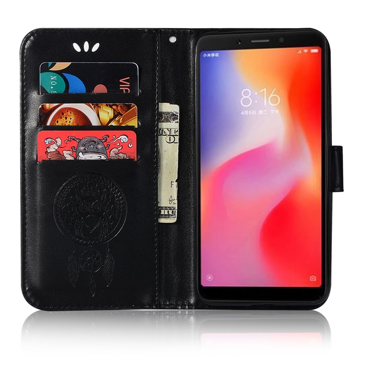 For Xiaomi Redmi 6 Imprint Owl Dream Catcher Wallet Stand Leather Case - Black-4