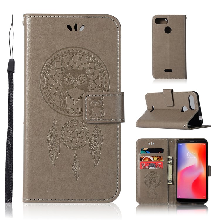 For Xiaomi Redmi 6 Imprint Owl Dream Catcher Wallet Stand Leather Cover - Grey-1