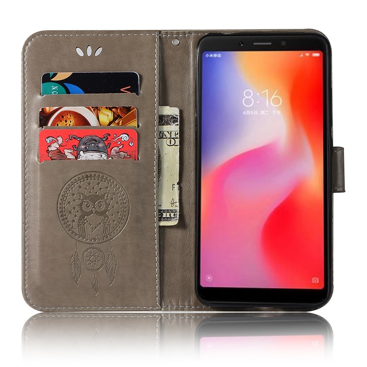 For Xiaomi Redmi 6 Imprint Owl Dream Catcher Wallet Stand Leather Cover - Grey-4