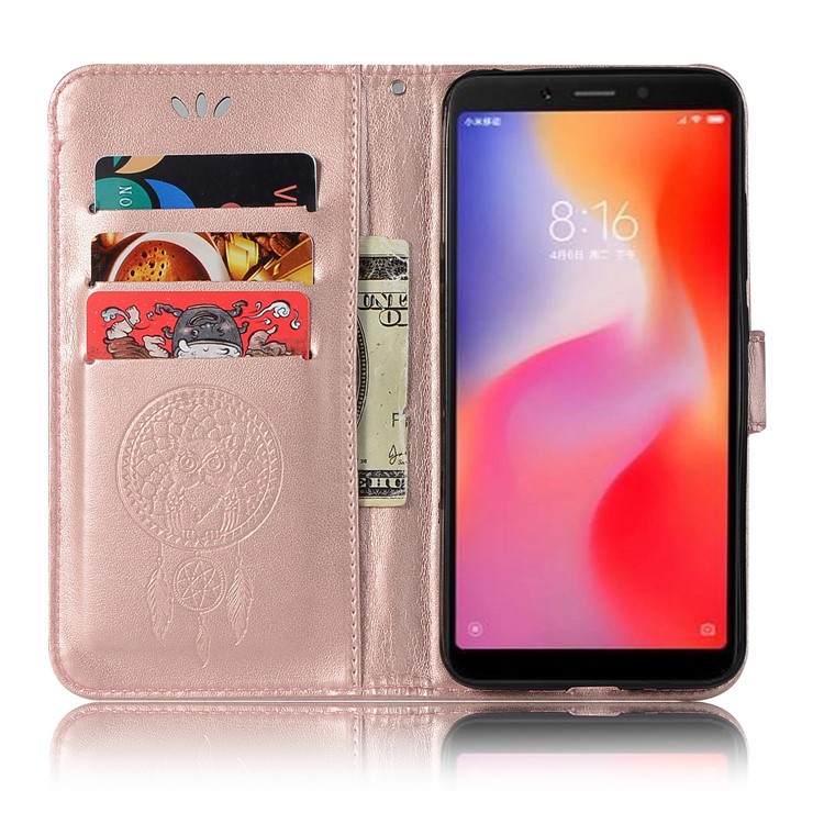 For Xiaomi Redmi 6 Imprint Owl Dream Catcher Wallet Stand Leather Shell - Rose Gold-4