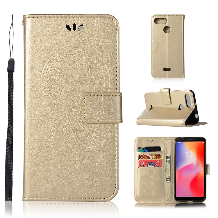 For Xiaomi Redmi 6 Imprint Owl Dream Catcher Wallet Stand Leather Phone Casing - Gold-1
