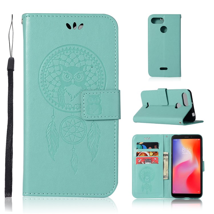For Xiaomi Redmi 6 Imprint Owl Dream Catcher Wallet Stand Leather Mobile Cover - Cyan-1