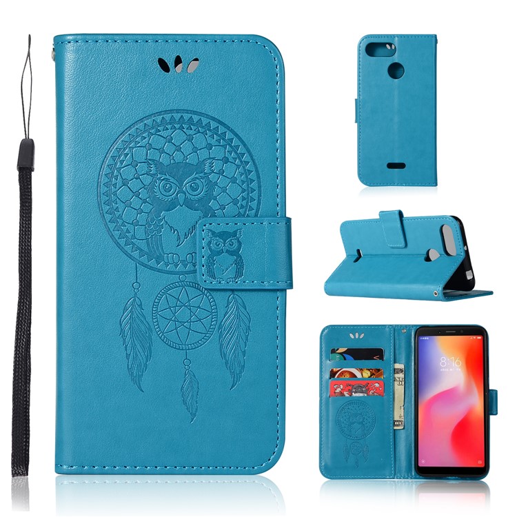 For Xiaomi Redmi 6 Imprint Owl Dream Catcher Wallet Stand Leather Mobile Case - Blue-1