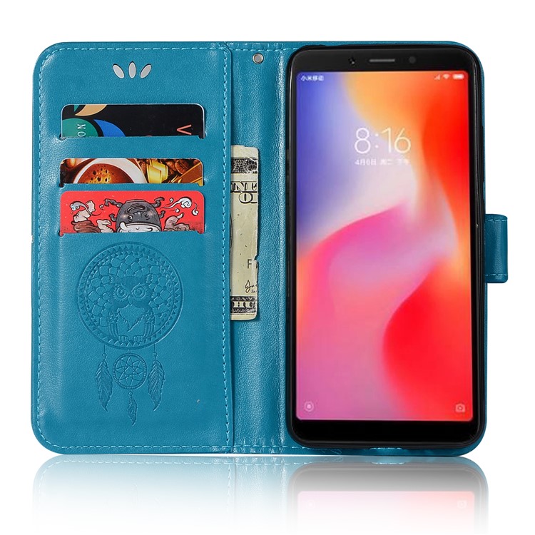 For Xiaomi Redmi 6 Imprint Owl Dream Catcher Wallet Stand Leather Mobile Case - Blue-4