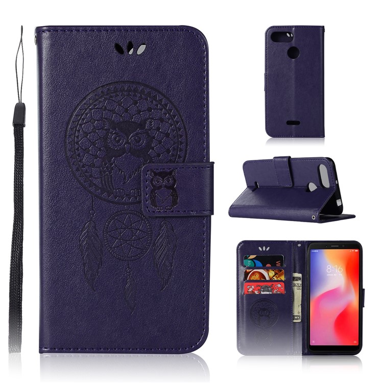 For Xiaomi Redmi 6 Imprint Owl Dream Catcher Wallet Stand Leather Protective Cover - Purple-1