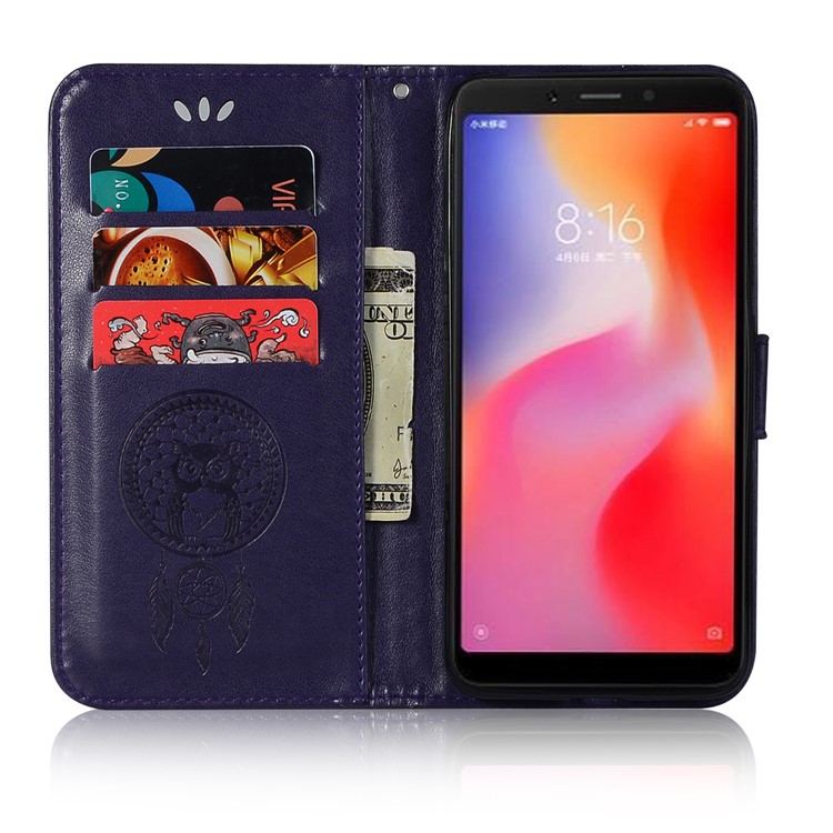 For Xiaomi Redmi 6 Imprint Owl Dream Catcher Wallet Stand Leather Protective Cover - Purple-4