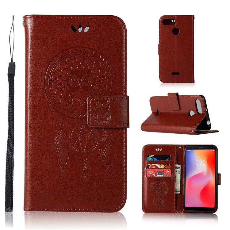 For Xiaomi Redmi 6 Imprint Owl Dream Catcher Wallet Stand Leather Cell Phone Case - Brown-1