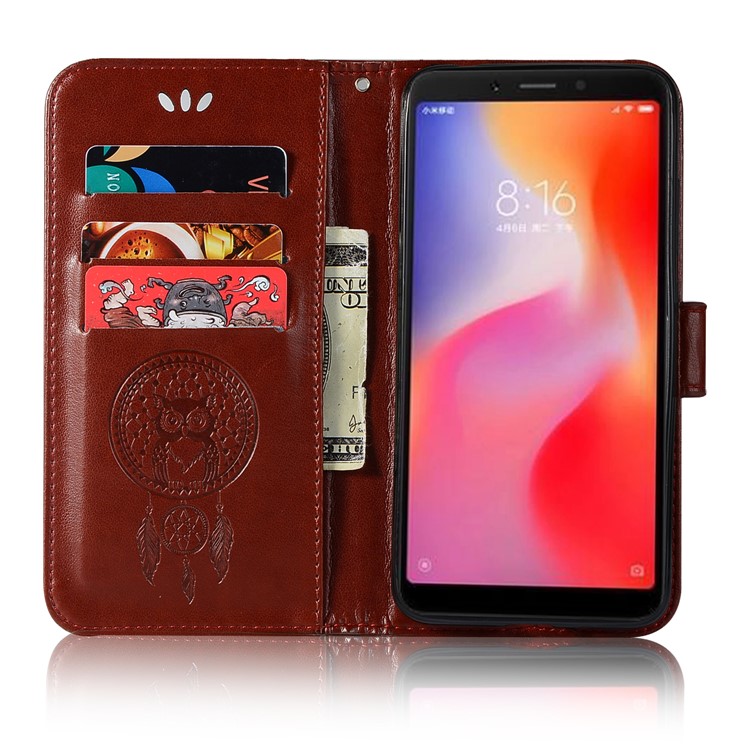 For Xiaomi Redmi 6 Imprint Owl Dream Catcher Wallet Stand Leather Cell Phone Case - Brown-4
