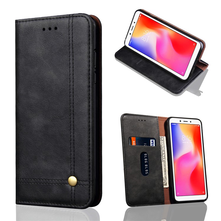 Retro Style Auto-absorbed Crazy Horse Leather Wallet Stand Case for Xiaomi Redmi 6 - Black-1
