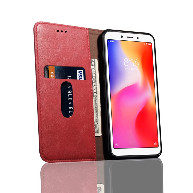 Retro Style Auto-absorbed Crazy Horse Leather Wallet Stand Cover for Xiaomi Redmi 6 - Red-6