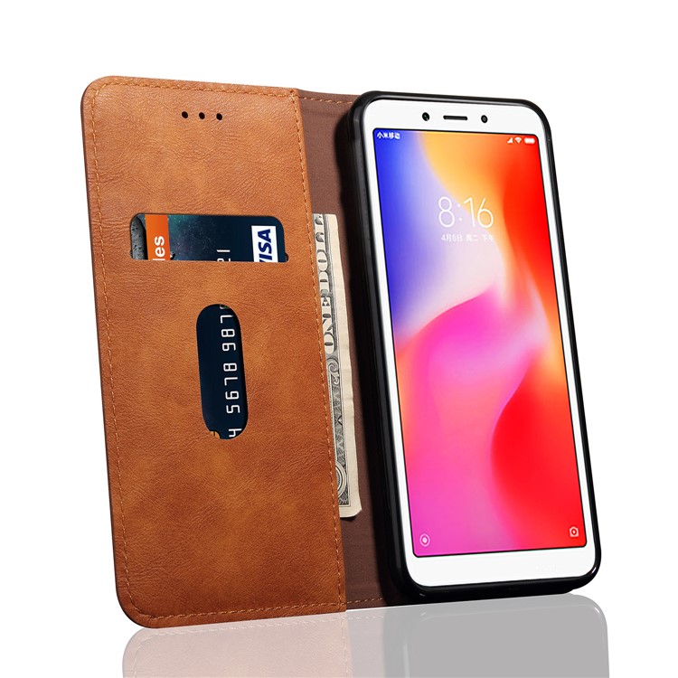 Retro Style Auto-absorbed Crazy Horse Leather Wallet Stand Shell for Xiaomi Redmi 6 - Brown-6