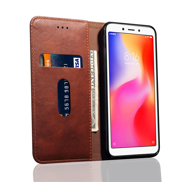 Retro Style Auto-absorbed Crazy Horse Leather Wallet Mobile Casing for Xiaomi Redmi 6 - Coffee-6