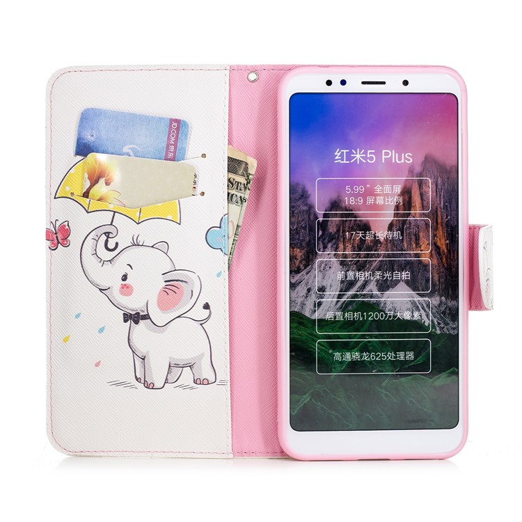 Pattern Printing Magnetic Wallet Stand Leather Case for Xiaomi Redmi Note 5 (12MP Rear Camera) / Redmi 5 Plus (China) - Elephant Holding an Umbrella-8