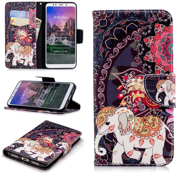 Pattern Printing Magnetic Wallet Stand Leather Cover for Xiaomi Redmi Note 5 (12MP Rear Camera) / Redmi 5 Plus (China) - Elephant and Peacock-1