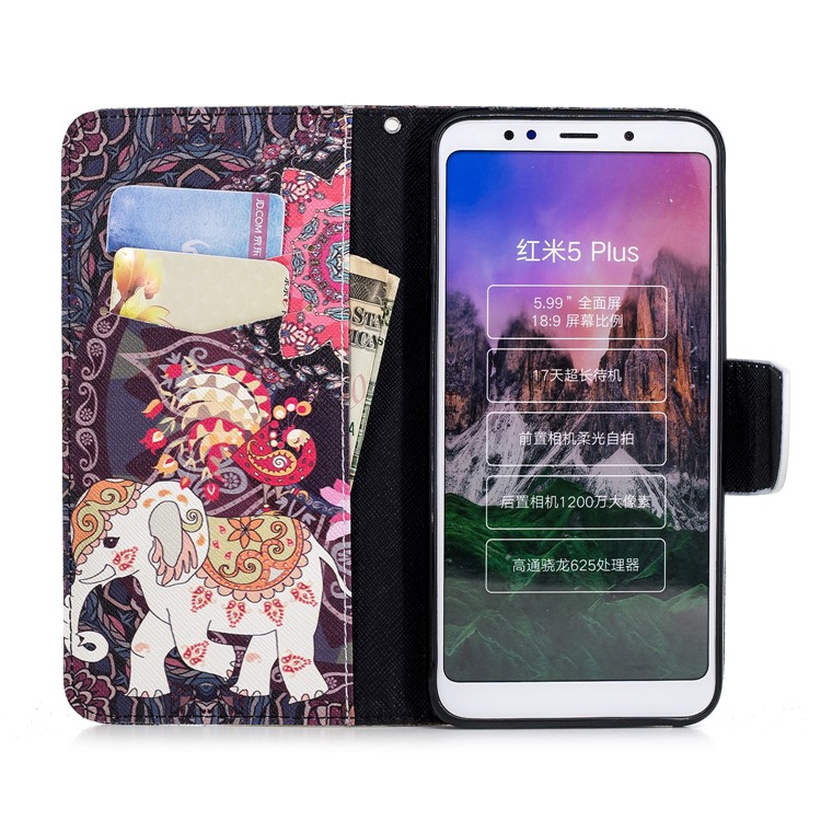 Pattern Printing Magnetic Wallet Stand Leather Cover for Xiaomi Redmi Note 5 (12MP Rear Camera) / Redmi 5 Plus (China) - Elephant and Peacock-8
