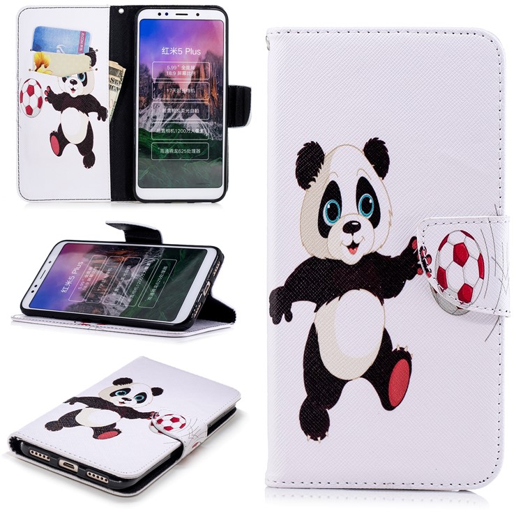 Pattern Printing Magnetic Wallet Stand Leather Casing for Xiaomi Redmi Note 5 (12MP Rear Camera) / Redmi 5 Plus (China) - Panda Playing Football-1