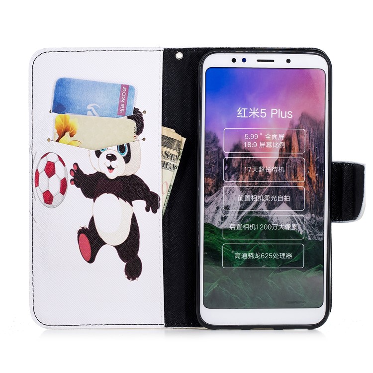 Pattern Printing Magnetic Wallet Stand Leather Casing for Xiaomi Redmi Note 5 (12MP Rear Camera) / Redmi 5 Plus (China) - Panda Playing Football-8