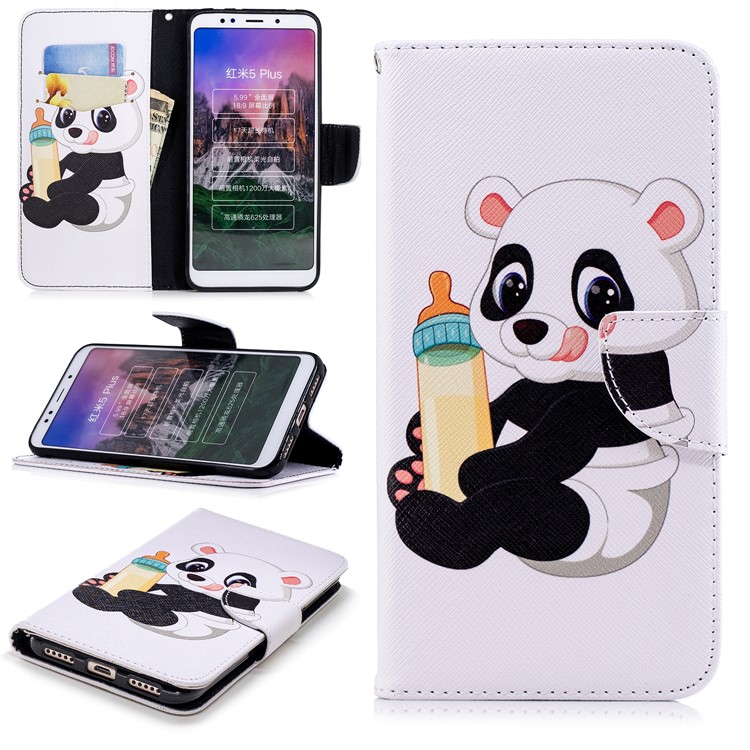 Pattern Printing Magnetic Wallet Stand Leather Mobile Phone Case for Xiaomi Redmi Note 5 (12MP Rear Camera) / Redmi 5 Plus (China) - Panda Holding a Bottle-1